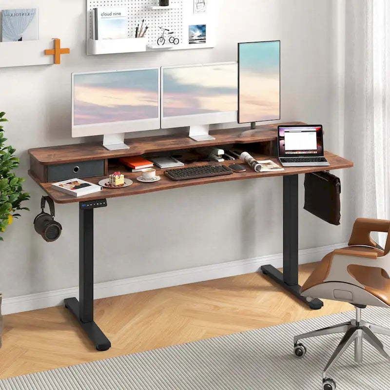 Bureau debout électrique à hauteur réglable avec étagère de rangement