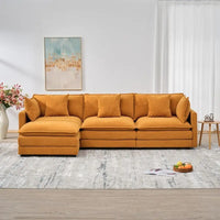 110.2 Canapé trois places capitonné en chenille, pouf