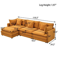 110.2 Canapé trois places capitonné en chenille, pouf