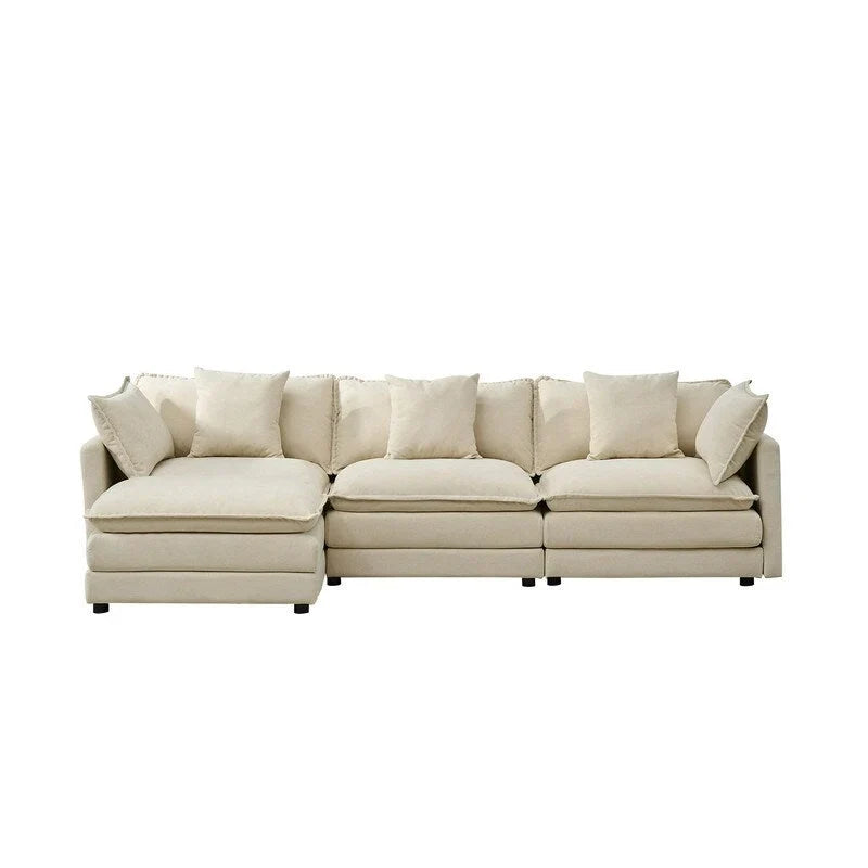 110.2 Canapé trois places capitonné en chenille, pouf