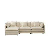 110.2 Canapé trois places capitonné en chenille, pouf