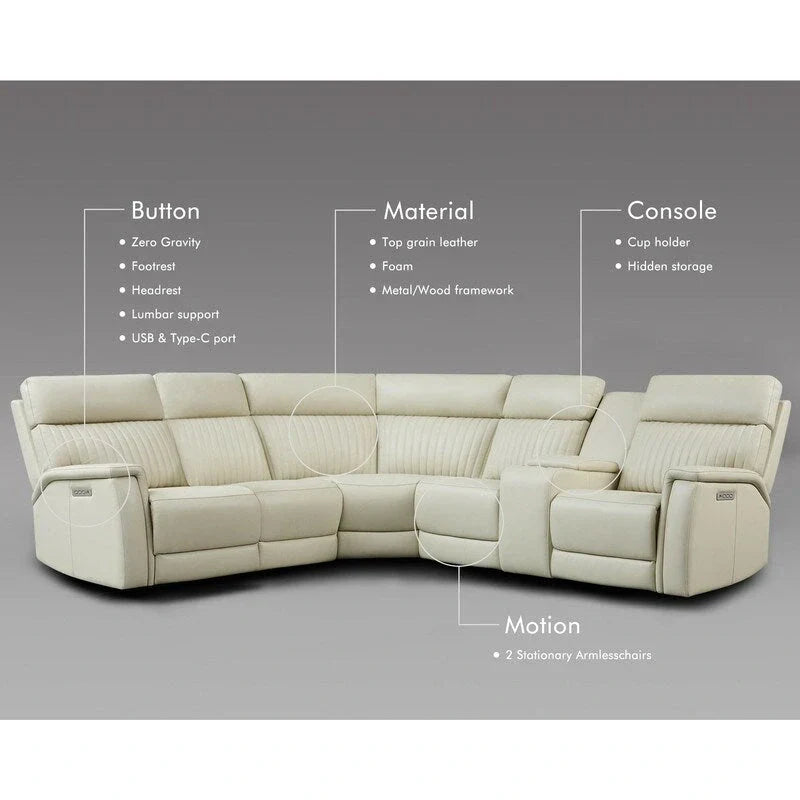 Ensemble Canapé Sectionnel Inclinable Électrique en Cuir Véritable 105 pouces de large avec Triple Motorisation Électrique, Console Unique, Ports USB et USB-C
