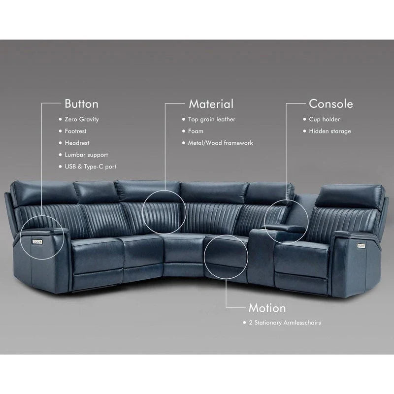Ensemble Canapé Sectionnel Inclinable Électrique en Cuir Véritable 105 pouces de large avec Triple Motorisation Électrique, Console Unique, Ports USB et USB-C