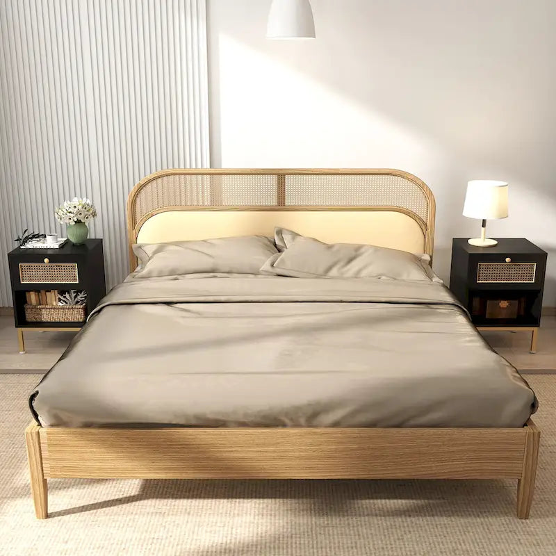 Lot de 2 tables de chevet de style campagnard côtier en rotin pour chambre à coucher, table d'appoint noire/blanche