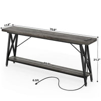 70.9 Table console extra longue Table de canapé avec station de recharge et étagère de rangement, Table d'entrée de couloir industrielle
