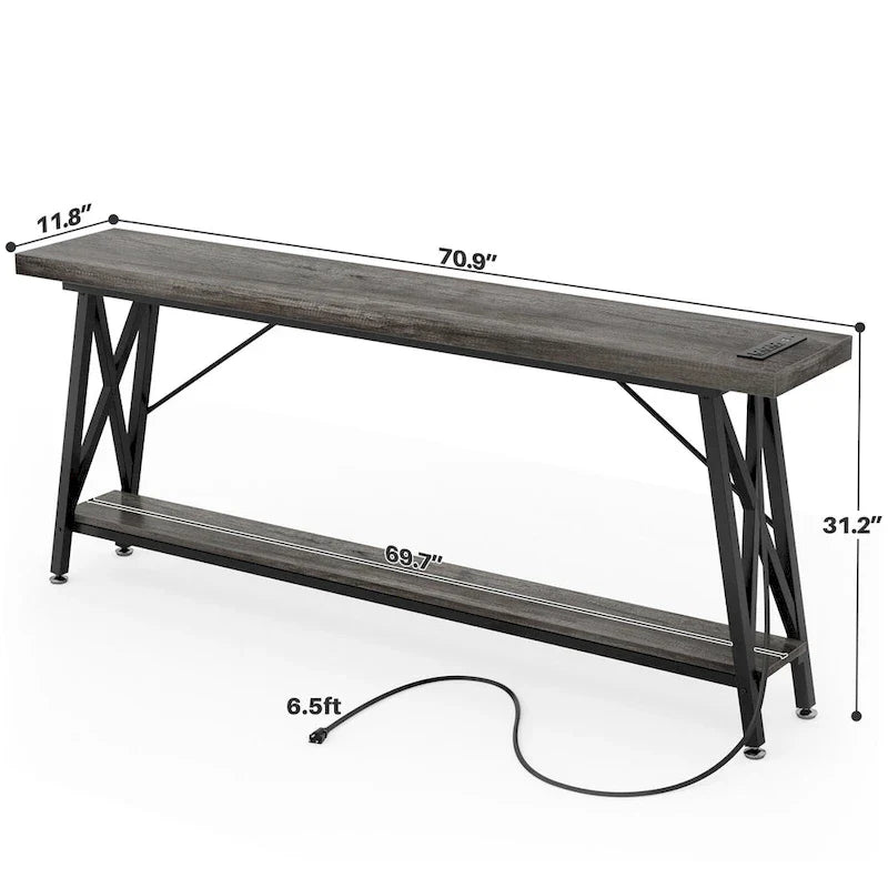 70.9 Table console extra longue Table de canapé avec station de recharge et étagère de rangement, Table d'entrée de couloir industrielle