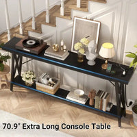 70.9 Table console extra longue Table de canapé avec station de recharge et étagère de rangement, Table d'entrée de couloir industrielle
