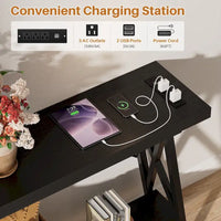 70.9 Table console extra longue Table de canapé avec station de recharge et étagère de rangement, Table d'entrée de couloir industrielle