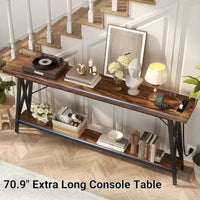 70.9 Table console extra longue Table de canapé avec station de recharge et étagère de rangement, Table d'entrée de couloir industrielle