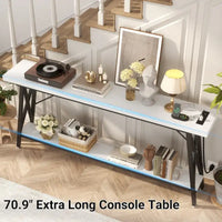 70.9 Table console extra longue Table de canapé avec station de recharge et étagère de rangement, Table d'entrée de couloir industrielle