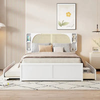 Lit plateforme Queen Size avec tête de lit en rotin, 2 tiroirs et lit gigogne, cadre de lit en bois avec étagères