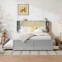 Lit plateforme Queen Size avec tête de lit en rotin, 2 tiroirs et lit gigogne, cadre de lit en bois avec étagères