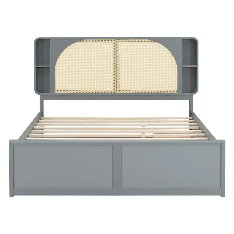 Lit plateforme Queen Size avec tête de lit en rotin, 2 tiroirs et lit gigogne, cadre de lit en bois avec étagères