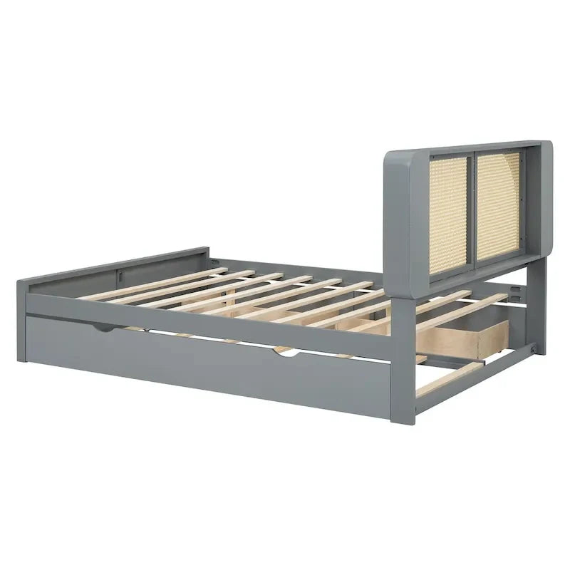 Lit plateforme Queen Size avec tête de lit en rotin, 2 tiroirs et lit gigogne, cadre de lit en bois avec étagères