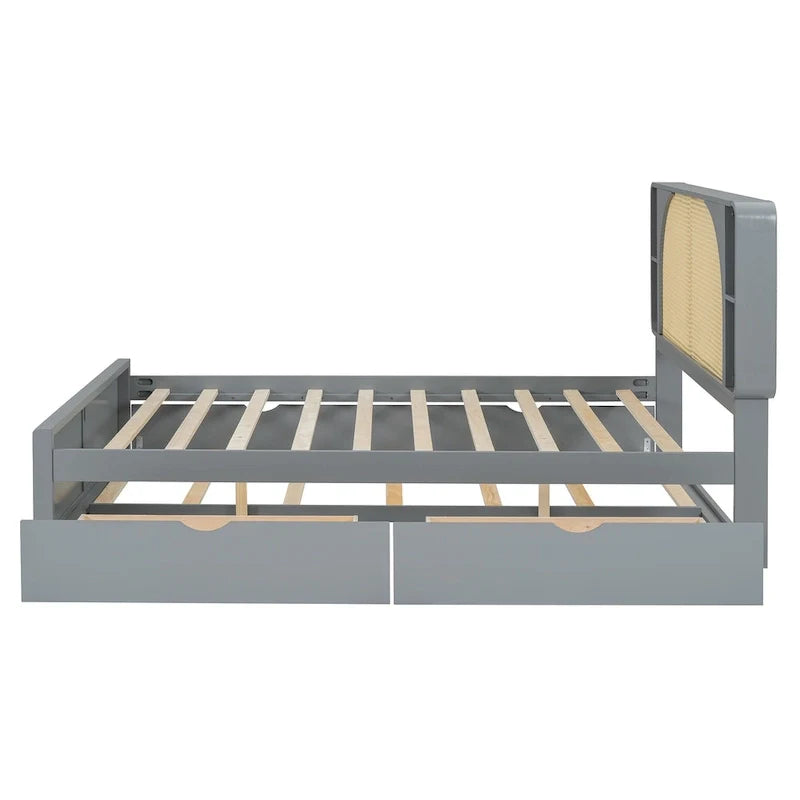 Lit plateforme Queen Size avec tête de lit en rotin, 2 tiroirs et lit gigogne, cadre de lit en bois avec étagères