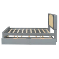 Lit plateforme Queen Size avec tête de lit en rotin, 2 tiroirs et lit gigogne, cadre de lit en bois avec étagères