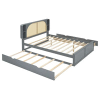 Lit plateforme Queen Size avec tête de lit en rotin, 2 tiroirs et lit gigogne, cadre de lit en bois avec étagères