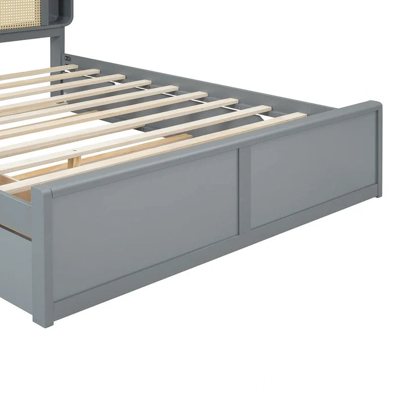 Lit plateforme Queen Size avec tête de lit en rotin, 2 tiroirs et lit gigogne, cadre de lit en bois avec étagères