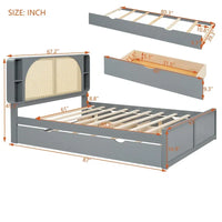 Lit plateforme Queen Size avec tête de lit en rotin, 2 tiroirs et lit gigogne, cadre de lit en bois avec étagères