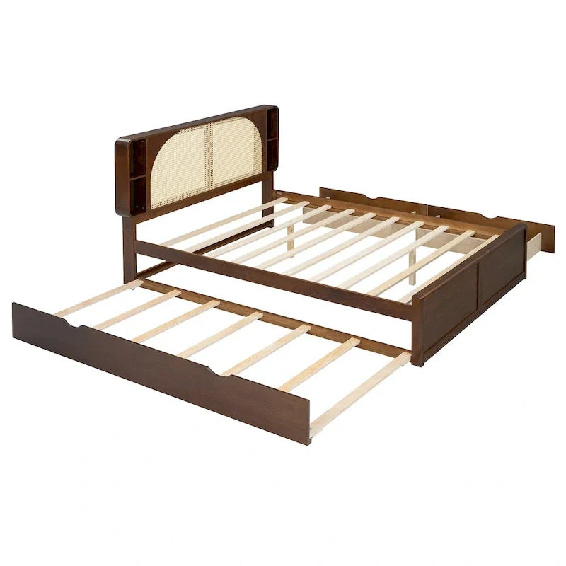 Lit plateforme Queen Size avec tête de lit en rotin, 2 tiroirs et lit gigogne, cadre de lit en bois avec étagères