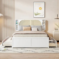 Lit plateforme Queen Size avec tête de lit en rotin, 2 tiroirs et lit gigogne, cadre de lit en bois avec étagères