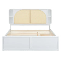 Lit plateforme Queen Size avec tête de lit en rotin, 2 tiroirs et lit gigogne, cadre de lit en bois avec étagères