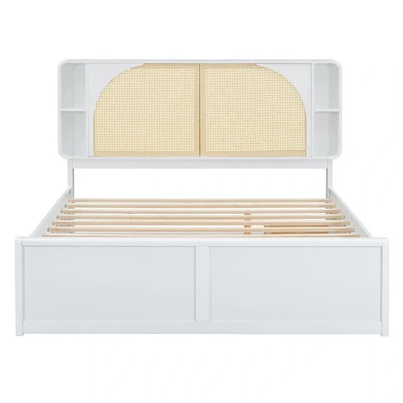 Lit plateforme Queen Size avec tête de lit en rotin, 2 tiroirs et lit gigogne, cadre de lit en bois avec étagères