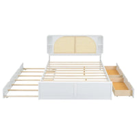 Lit plateforme Queen Size avec tête de lit en rotin, 2 tiroirs et lit gigogne, cadre de lit en bois avec étagères