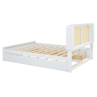 Lit plateforme Queen Size avec tête de lit en rotin, 2 tiroirs et lit gigogne, cadre de lit en bois avec étagères