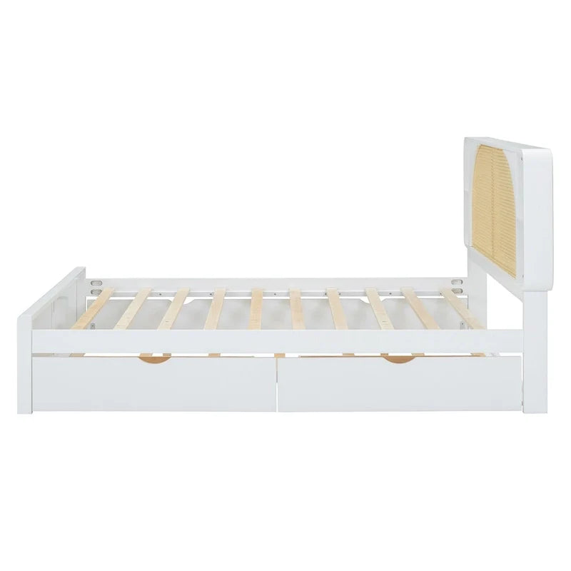 Lit plateforme Queen Size avec tête de lit en rotin, 2 tiroirs et lit gigogne, cadre de lit en bois avec étagères