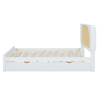 Lit plateforme Queen Size avec tête de lit en rotin, 2 tiroirs et lit gigogne, cadre de lit en bois avec étagères