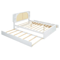 Lit plateforme Queen Size avec tête de lit en rotin, 2 tiroirs et lit gigogne, cadre de lit en bois avec étagères