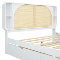 Lit plateforme Queen Size avec tête de lit en rotin, 2 tiroirs et lit gigogne, cadre de lit en bois avec étagères