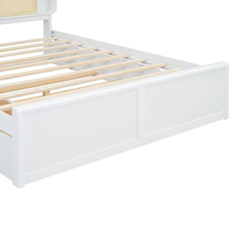 Lit plateforme Queen Size avec tête de lit en rotin, 2 tiroirs et lit gigogne, cadre de lit en bois avec étagères