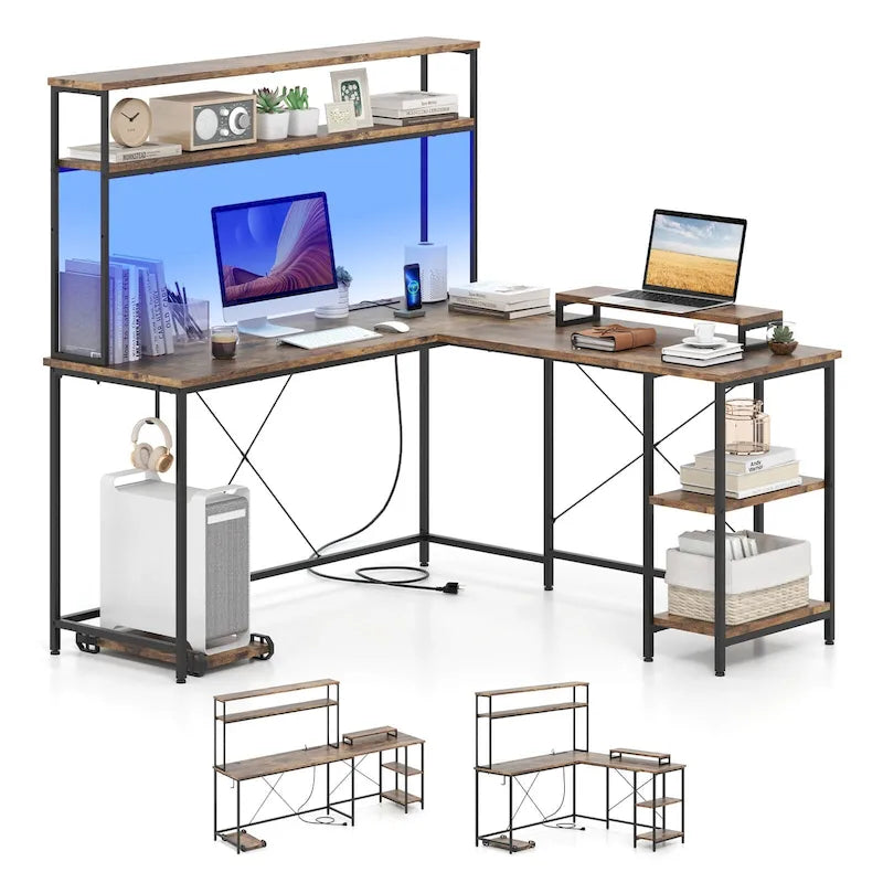 Bureau de Jeu en Forme de L Costway avec Bande LED et Prises de Courant, avec Huche - Voir Détails