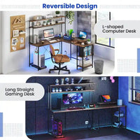 Bureau de Jeu en Forme de L Costway avec Bande LED et Prises de Courant, avec Huche - Voir Détails