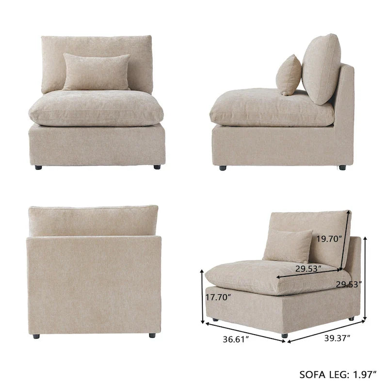 Grand canapé modulaire avec oreillers, canapé profond minimaliste en tissu mélangé de lin pour salon, kaki