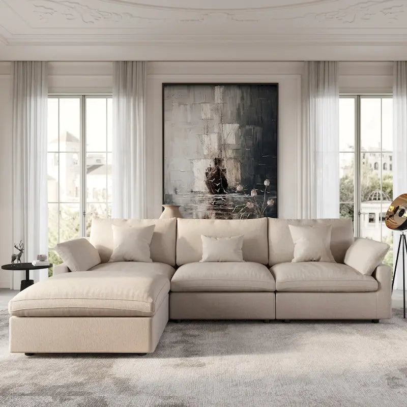Canapé sectionnel modulable nuage avec ottoman, canapé sectionnel minimaliste en forme de L en mélange de lin pour salon, kaki