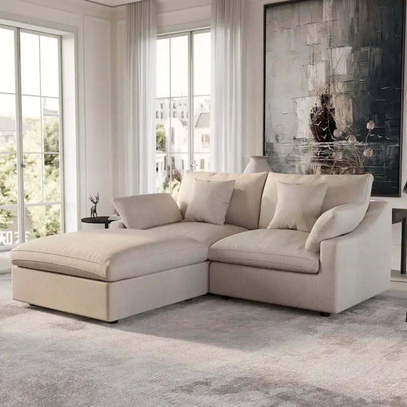 Canapé sectionnel modulable nuage avec ottoman, canapé sectionnel minimaliste en forme de L en mélange de lin pour salon, kaki