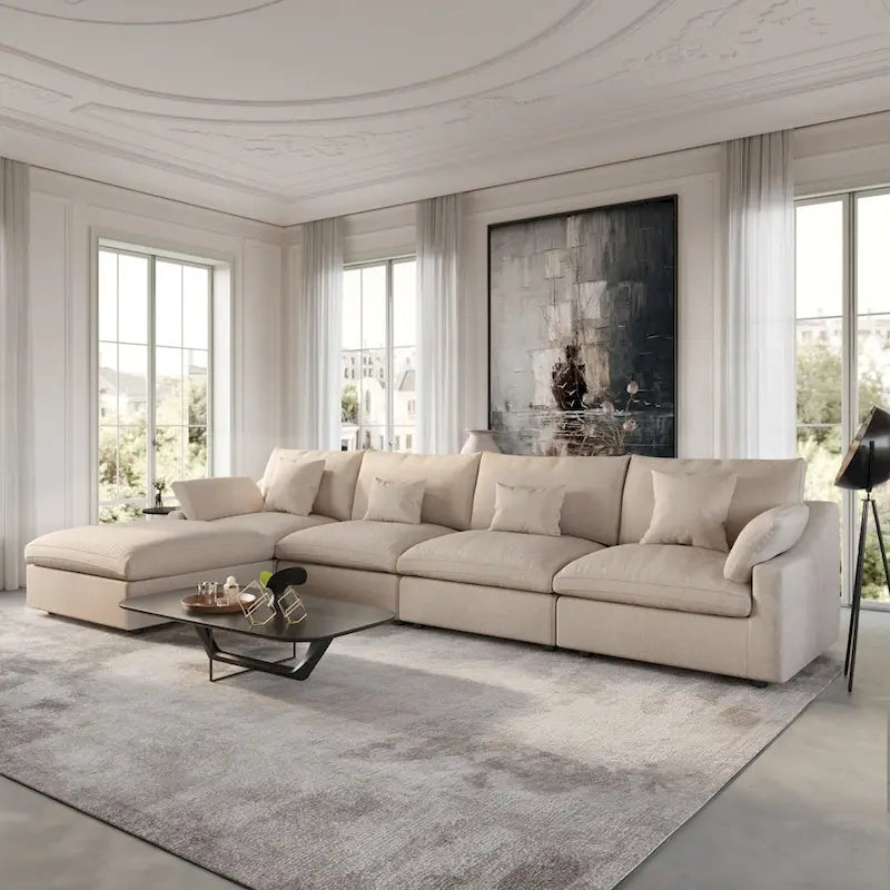 Canapé sectionnel modulable nuage avec ottoman, canapé sectionnel minimaliste en forme de L en mélange de lin pour salon, kaki
