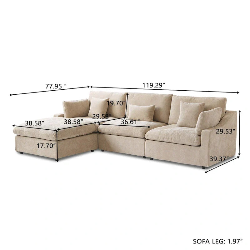Canapé sectionnel modulable nuage avec ottoman, canapé sectionnel minimaliste en forme de L en mélange de lin pour salon, kaki