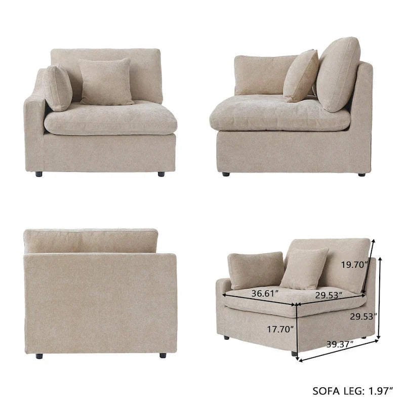 Canapé sectionnel modulable nuage avec ottoman, canapé sectionnel minimaliste en forme de L en mélange de lin pour salon, kaki