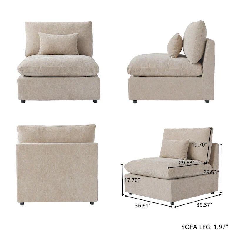 Canapé sectionnel modulable nuage avec ottoman, canapé sectionnel minimaliste en forme de L en mélange de lin pour salon, kaki