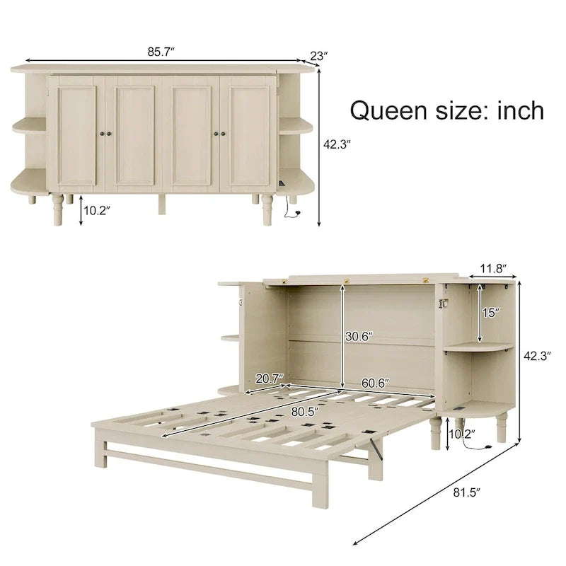 Lit escamotable de ferme, lit pliant plateforme, lit escamotable convertible de style commode/cube avec étagères incurvées et station de recharge