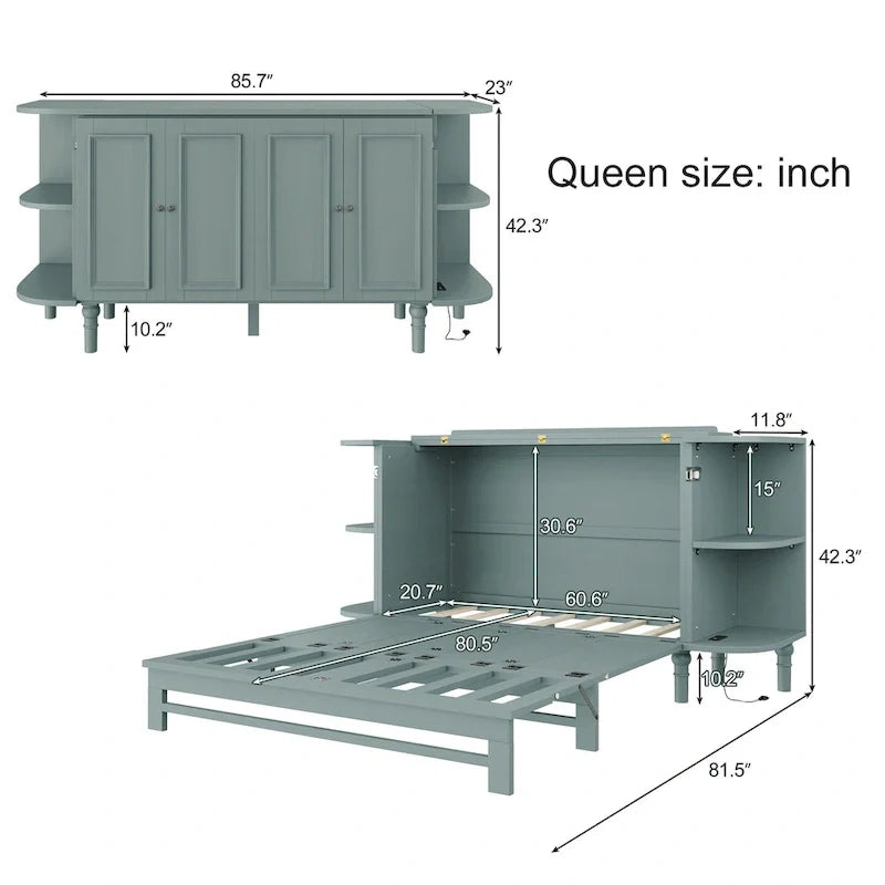 Lit escamotable de ferme, lit pliant plateforme, lit escamotable convertible de style commode/cube avec étagères incurvées et station de recharge