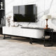 Meuble TV escamotable moderne noir et blanc avec 3 tiroirs et pieds métalliques réglables pour salon et chambre à coucher