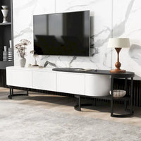 Meuble TV escamotable moderne noir et blanc avec 3 tiroirs et pieds métalliques réglables pour salon et chambre à coucher