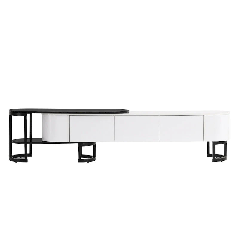 Meuble TV escamotable moderne noir et blanc avec 3 tiroirs et pieds métalliques réglables pour salon et chambre à coucher