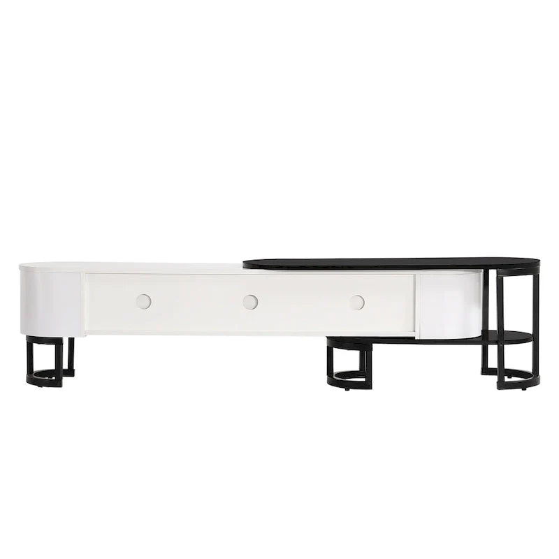 Meuble TV escamotable moderne noir et blanc avec 3 tiroirs et pieds métalliques réglables pour salon et chambre à coucher