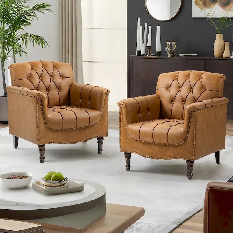 Lot de 2 fauteuils d'appoint capitonnés en cuir végétalien, fauteuil avec clous décoratifs